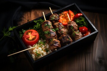 Juicy kebab in a bento box against a dark background