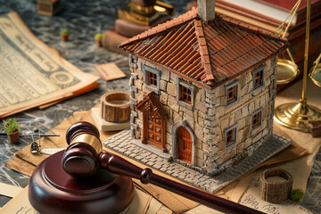Obraz na płótnie Canvas A charming, old-world cobblestone miniature house alongside a classic, polished wood gavel, placed on an antique writing desk with scattered vintage legal documents.