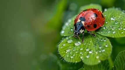 A Close-up of a ladybug on dew-covered clover leaves