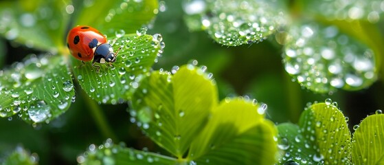 A Close-up of a ladybug on dew-covered clover leaves - obrazy, fototapety, plakaty