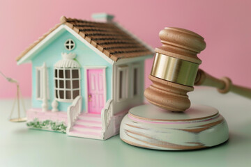 A charming, pastel-painted miniature house next to a light wooden gavel, both set on a pastel-colored, shabby chic table, reflecting a soft, approachable aspect of law.