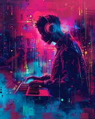 Illustrate a visually captivating scene where a musician and an AI entity are co-creating a unique musical composition Use vibrant colors and futuristic elements to emphasize the harmonious partnershi - obrazy, fototapety, plakaty