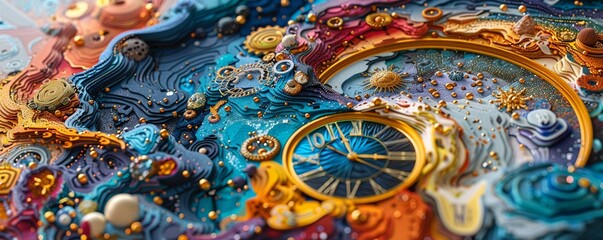 Fototapeta na wymiar Illustrate the concept of time from a birds eye view, blending iconic elements from different cultures to showcase their distinct perspectives on time Use vibrant colors and intricate details to evoke