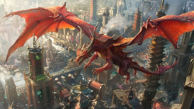 Illustrate a dynamic scene where dragons interact with digital devices in a bustling metropolis, symbolizing the fusion of traditional folklore with contemporary advancements Capture the essence of co