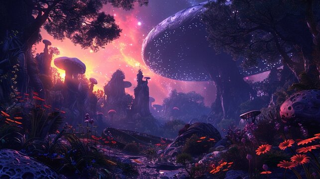 Imagine a mesmerizing alien landscape with bizarre flora and fauna seen from a rear view perspective Incorporate vibrant colors and intricate details to challenge the viewers perception of life beyond