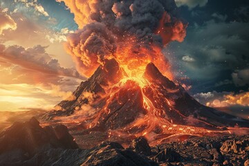 A Dramatic volcanic eruption spewing molten lava and a massive ash cloud into the sky. - obrazy, fototapety, plakaty