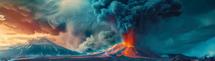 Foto auf Alu-Dibond A Dramatic volcanic eruption spewing molten lava and a massive ash cloud into the sky. © Creative_Bringer