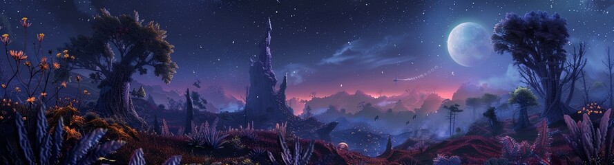 A fantasy landscape with alien flora under a night sky illuminated by a distant moon and stars.