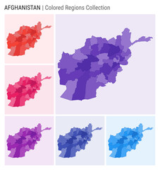 Afghanistan map collection. Country shape with colored regions. Deep Purple, Red, Pink, Purple, Indigo, Blue color palettes. Border of Afghanistan with provinces for your infographic.