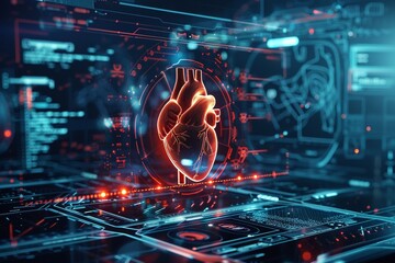 A Futuristic glowing interface with a digital heart illustration representing advanced medical technology. - obrazy, fototapety, plakaty
