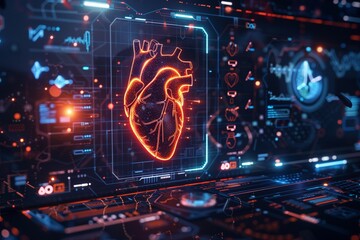 A Futuristic glowing interface with a digital heart illustration representing advanced medical technology. - obrazy, fototapety, plakaty