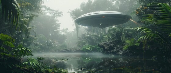A futuristic unidentified flying object hovers over a misty jungle