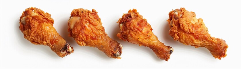 A Golden brown fried chicken drumsticks placed on a white background
