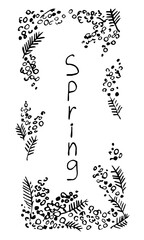 Vertical card, frame template. Spring flowers, mimosa branches. Vector sketch in ink. Floral decor, drawing.