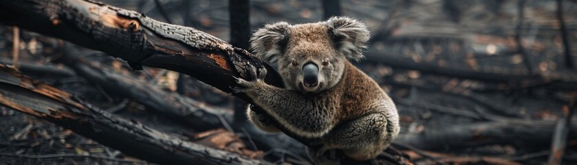 A koala clings to a burnt branch amidst the charred remains of an Australian bushfire.