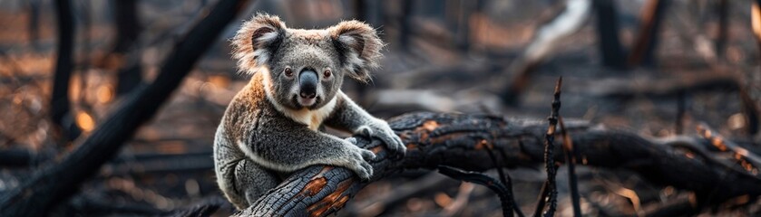 A koala clings to a burnt branch amidst the charred remains of an Australian bushfire.
