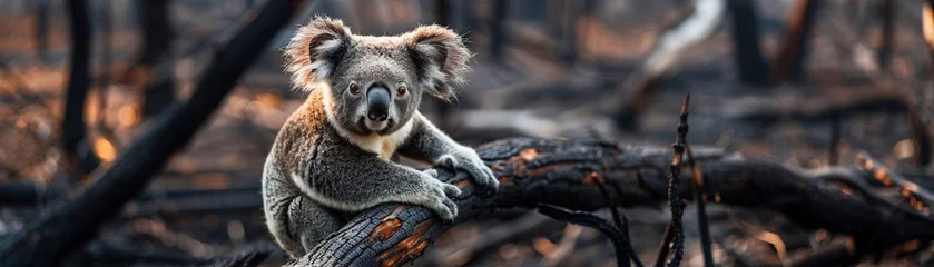 Ingelijste posters A koala clings to a burnt branch amidst the charred remains of an Australian bushfire. © Creative_Bringer