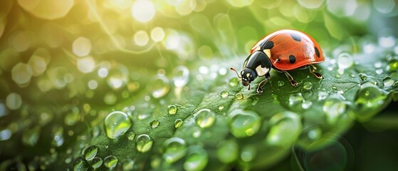 A ladybug exploring the surface of a green leaf covered with fresh morning dew. - obrazy, fototapety, plakaty