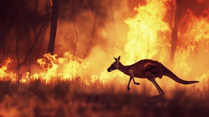 A lone kangaroo bounds away from the intense flames and smoke of a raging Australian bushfire. - obrazy, fototapety, plakaty