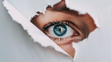 The blue eye of the woman is the focal point of the image. photo of big Eye through paper holes, white paper, uneven edges of paper holes,eye closeup Concept of mystery and intrigue