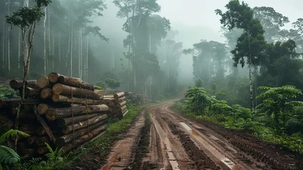Foto op Plexiglas A muddy track cuts through a foggy forest with stacks of logged timber © Creative_Bringer