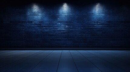 Empty room with navy blue wall and lighting for product display and presentation background.