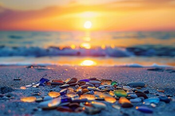Obraz premium A Multicolored sea glass pebbles scattered on sandy beach with sunset in the background.