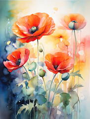 Beautiful poppy flowers. Floral art painting.