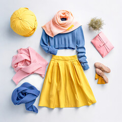 Collection collage of woman fashion clothing and accessories. Top view.