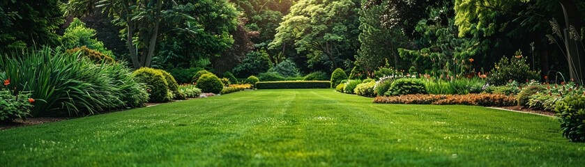 A perfectly manicured garden lawn displaying symmetrical designs - obrazy, fototapety, plakaty