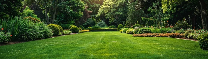 Fotobehang A perfectly manicured garden lawn displaying symmetrical designs © Creative_Bringer