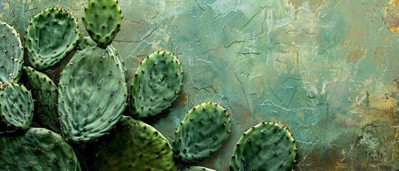A Prickly pear cactus pads spread across a textured green background - obrazy, fototapety, plakaty