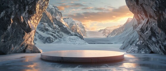 A serene podium set within an ice cave overlooking a majestic and snowy mountain range.