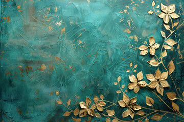 Naklejka premium Vintage gold floral pattern on a verdigris canvas. Background image. Created with Generative AI technology.