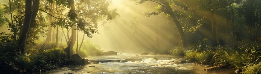 A serene river flows gently through a misty forest
