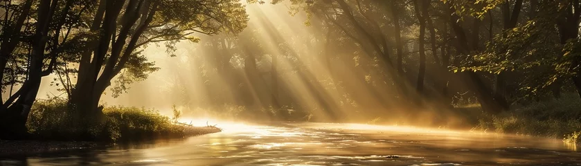 Rolgordijnen A serene river flows gently through a misty forest © Creative_Bringer