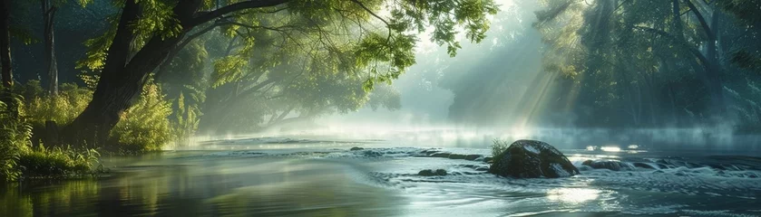 Fotobehang Bosrivier A serene river flows gently through a misty forest