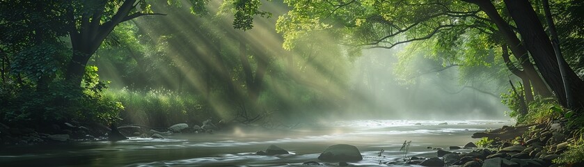 A serene river flows gently through a misty forest
