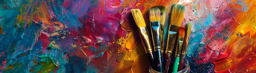 Fototapeta premium A set of paintbrushes in a glass jar with a vivid colorful artistic background