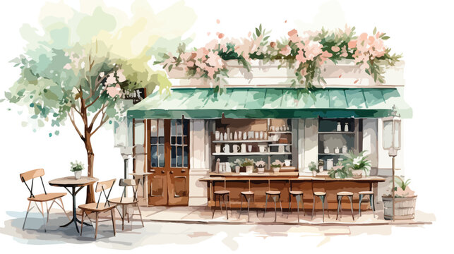 Spring Coffee Shop Caf Watercolor Flat vector isolated