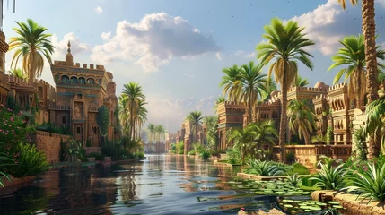 Foto op Plexiglas A tranquil oasis with waterways and lush palm trees set against an ancient city backdrop © Creative_Bringer