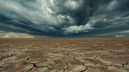 A Vast landscape of dried cracked earth under a dramatic cloudy sky - obrazy, fototapety, plakaty