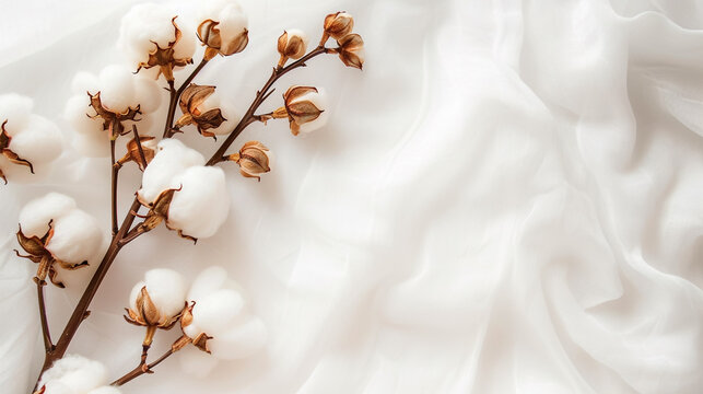 White cotton background with soft, fluffy white flowers for decoration and design