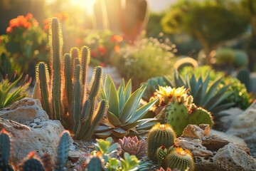A Warm golden hour light bathing a desert cactus garden with a variety of succulent plants.