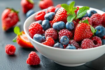 A white bowl full of mixed fresh berries including strawberries