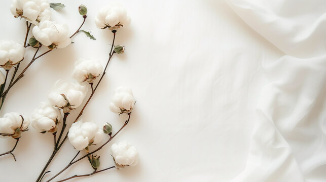 White cotton background with soft, fluffy white flowers for decoration and design