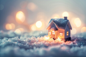 A picturesque, miniature winter scene featuring a tiny, snow-covered house with soft Christmas lights, blurred background for depth, and ample copy space on
