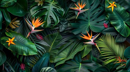 An array of tropical leaves and vibrant Bird of Paradise flowers