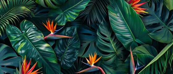 An array of tropical leaves and vibrant Bird of Paradise flowers