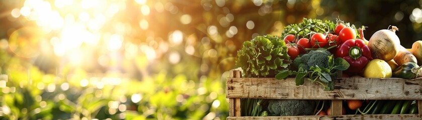 An Assorted fresh vegetables in a wooden crate set outside in sunlight - obrazy, fototapety, plakaty